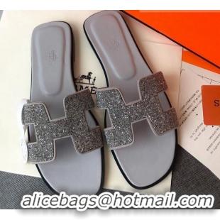 Low Cost Hermes Oran Crystal Suede Slide Sandal 070955 Silver 2021