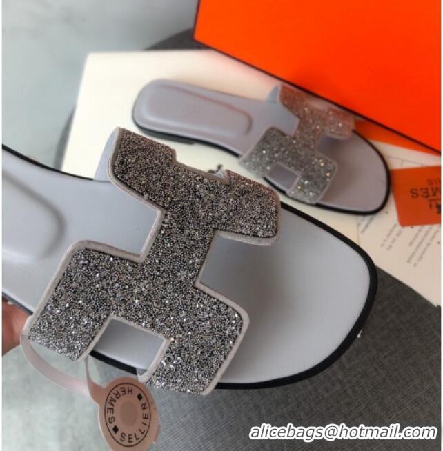 Low Cost Hermes Oran Crystal Suede Slide Sandal 070955 Silver 2021