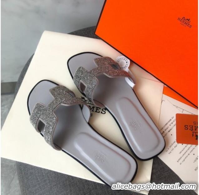 Low Cost Hermes Oran Crystal Suede Slide Sandal 070955 Silver 2021