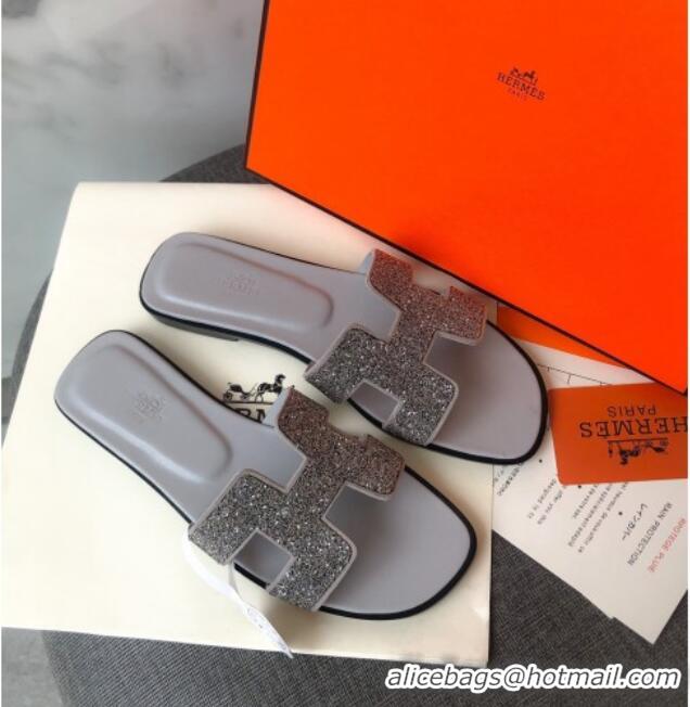 Low Cost Hermes Oran Crystal Suede Slide Sandal 070955 Silver 2021