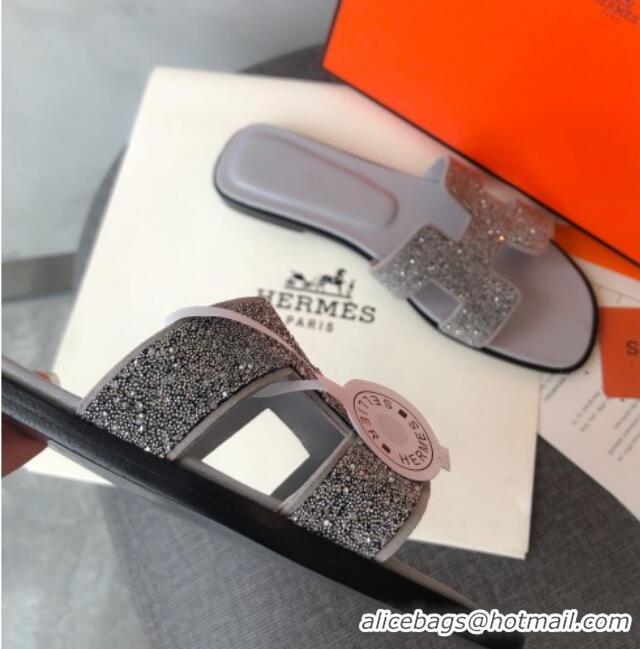 Low Cost Hermes Oran Crystal Suede Slide Sandal 070955 Silver 2021