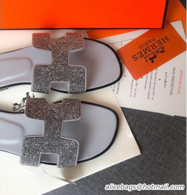 Low Cost Hermes Oran Crystal Suede Slide Sandal 070955 Silver 2021