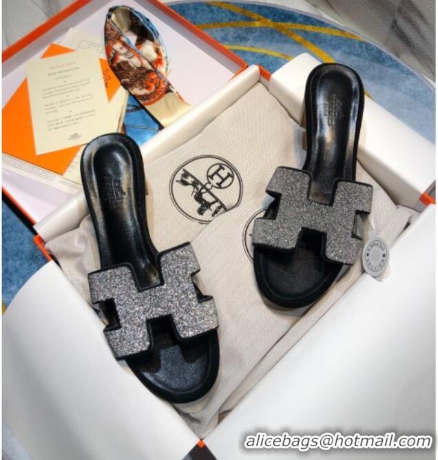 Charming Hermes Oran Crystal Suede Slide Sandal 070955 Silver 2021