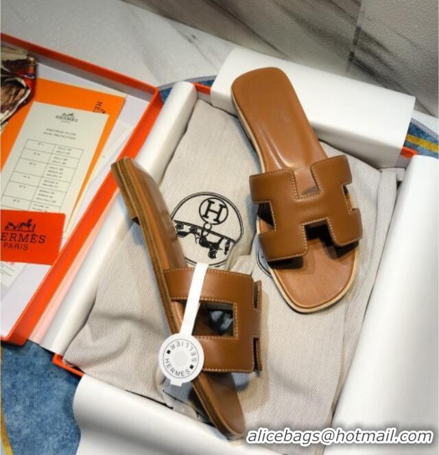 1:1 aaaaa Hermes Oran Classic Calfskin Flat Slide Sandal 070967 Brown