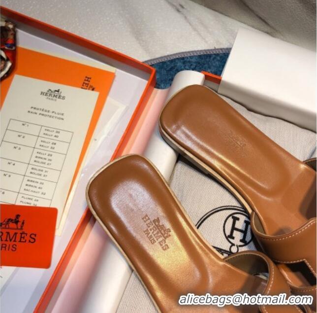 1:1 aaaaa Hermes Oran Classic Calfskin Flat Slide Sandal 070967 Brown