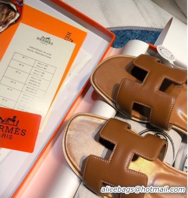 1:1 aaaaa Hermes Oran Classic Calfskin Flat Slide Sandal 070967 Brown