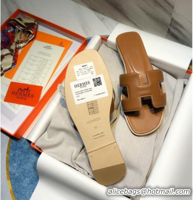 1:1 aaaaa Hermes Oran Classic Calfskin Flat Slide Sandal 070967 Brown