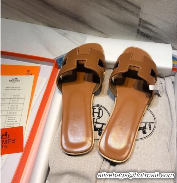 1:1 aaaaa Hermes Oran Classic Calfskin Flat Slide Sandal 070967 Brown