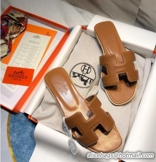 1:1 aaaaa Hermes Oran Classic Calfskin Flat Slide Sandal 070967 Brown