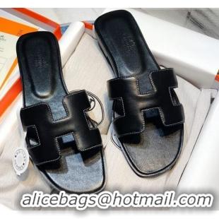 Hot Style Hermes Oran Calfskin Flat Slide Sandal 070969 Black