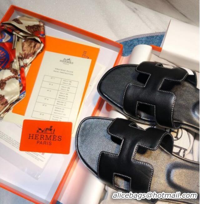 Hot Style Hermes Oran Calfskin Flat Slide Sandal 070969 Black