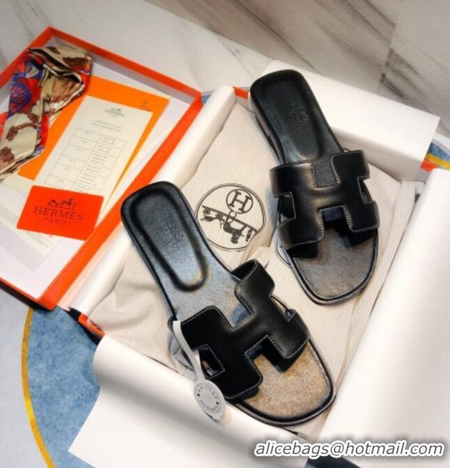 Hot Style Hermes Oran Calfskin Flat Slide Sandal 070969 Black