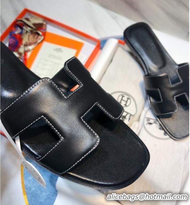 Hot Style Hermes Oran Calfskin Flat Slide Sandal 070969 Black