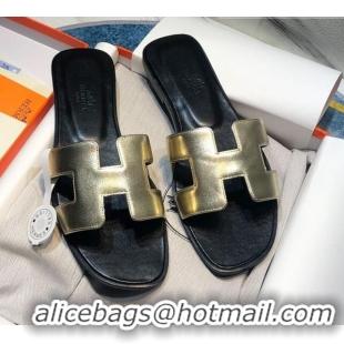 Hot Style Hermes Oran Classic Calfskin Flat Slide Sandal 070969 Gold