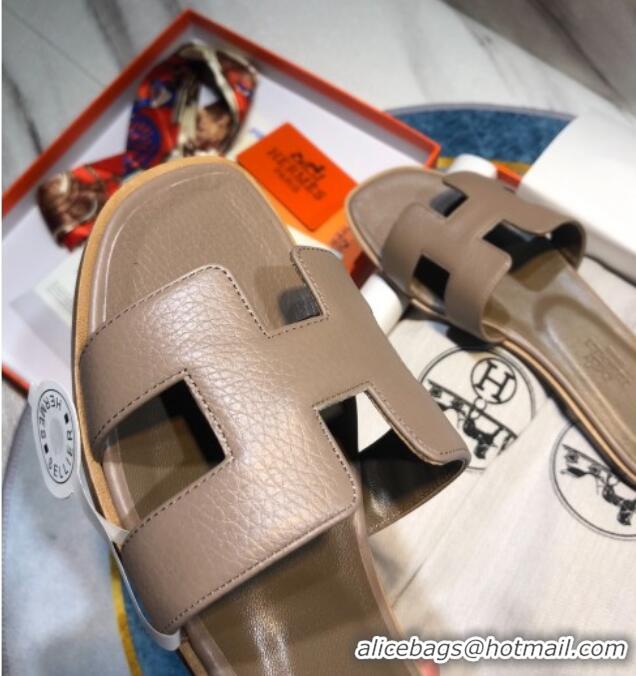 Sumptuous Hermes Oran Classic Calfskin Flat Slide Sandal 070969 Grey