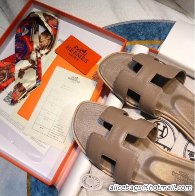 Sumptuous Hermes Oran Classic Calfskin Flat Slide Sandal 070969 Grey