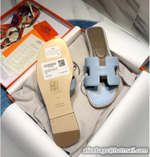 Good Product Hermes Oran Classic Calfskin Flat Slide Sandal 070969 Blue