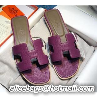 Top Quality Hermes Oran Classic Calfskin Flat Slide Sandal 070975 Purple