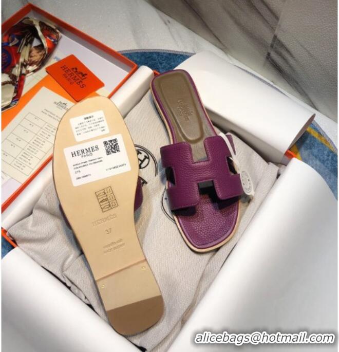 Top Quality Hermes Oran Classic Calfskin Flat Slide Sandal 070975 Purple