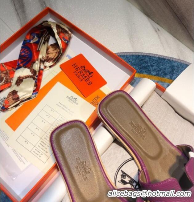 Top Quality Hermes Oran Classic Calfskin Flat Slide Sandal 070975 Purple