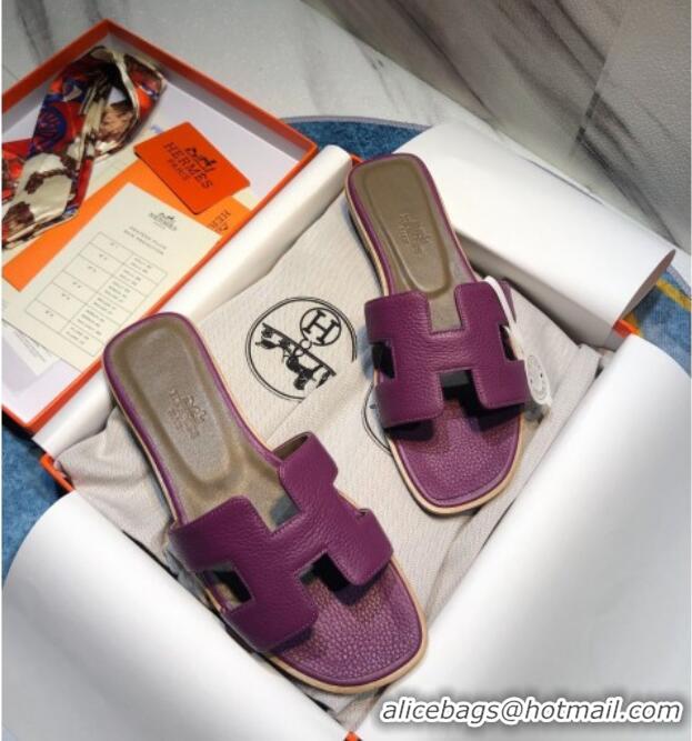 Top Quality Hermes Oran Classic Calfskin Flat Slide Sandal 070975 Purple