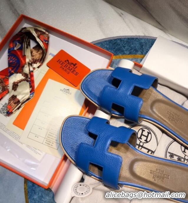 Low Price Hermes Oran Classic Calfskin Flat Slide Sandal 070975 Blue