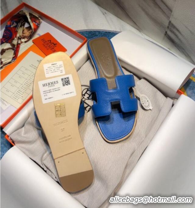 Low Price Hermes Oran Classic Calfskin Flat Slide Sandal 070975 Blue