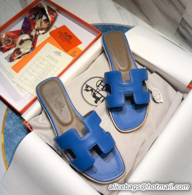 Low Price Hermes Oran Classic Calfskin Flat Slide Sandal 070975 Blue