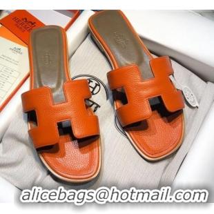 Top Design Hermes Oran Classic Calfskin Flat Slide Sandal 070975 Orange