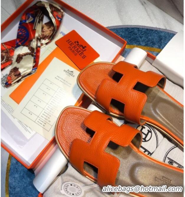 Top Design Hermes Oran Classic Calfskin Flat Slide Sandal 070975 Orange