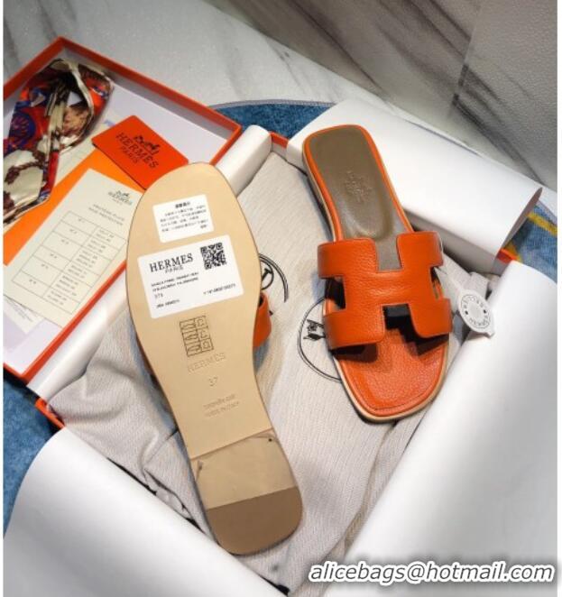 Top Design Hermes Oran Classic Calfskin Flat Slide Sandal 070975 Orange