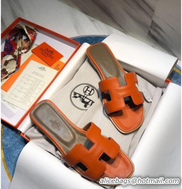 Top Design Hermes Oran Classic Calfskin Flat Slide Sandal 070975 Orange