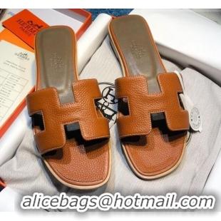 Good Quality Hermes Oran Classic Calfskin Flat Slide Sandal 070975 Brown