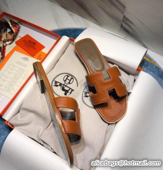 Good Quality Hermes Oran Classic Calfskin Flat Slide Sandal 070975 Brown