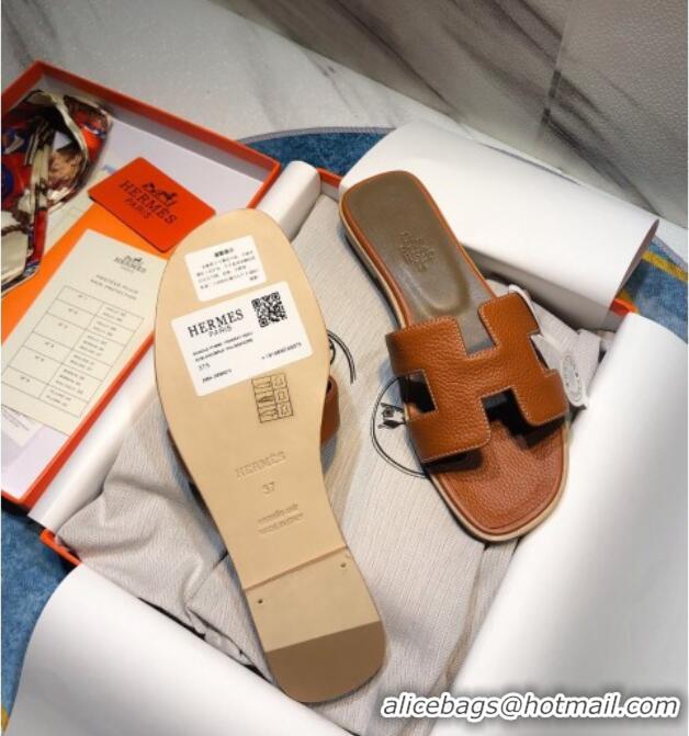 Good Quality Hermes Oran Classic Calfskin Flat Slide Sandal 070975 Brown