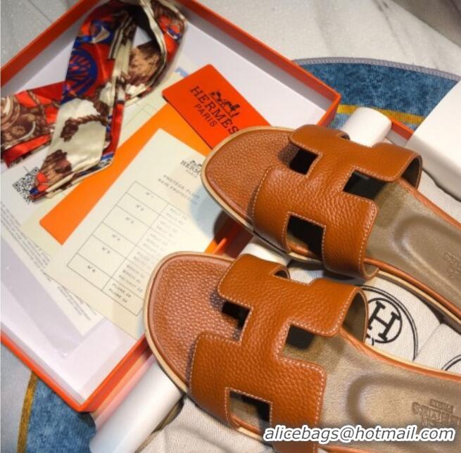 Good Quality Hermes Oran Classic Calfskin Flat Slide Sandal 070975 Brown