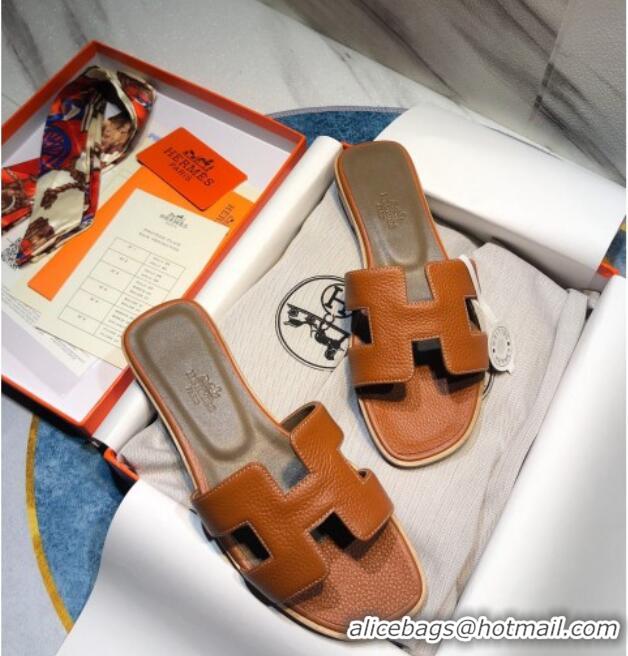 Good Quality Hermes Oran Classic Calfskin Flat Slide Sandal 070975 Brown