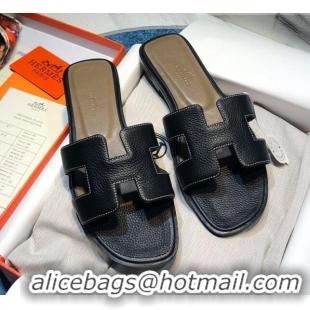 Popular Style Hermes Oran Classic Calfskin Flat Slide Sandal 070975 Black