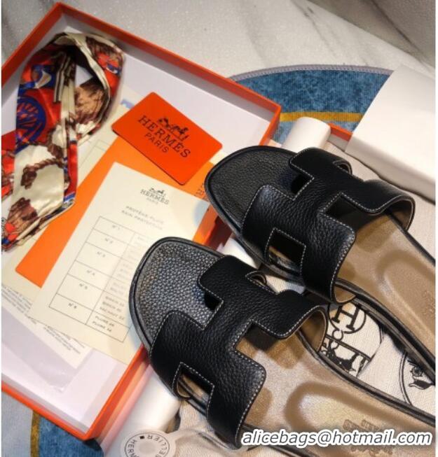 Popular Style Hermes Oran Classic Calfskin Flat Slide Sandal 070975 Black