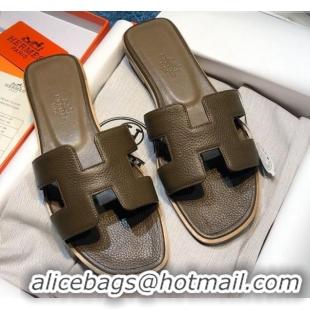 Top Grade Hermes Oran Classic Calfskin Flat Slide Sandal 070975 Grey