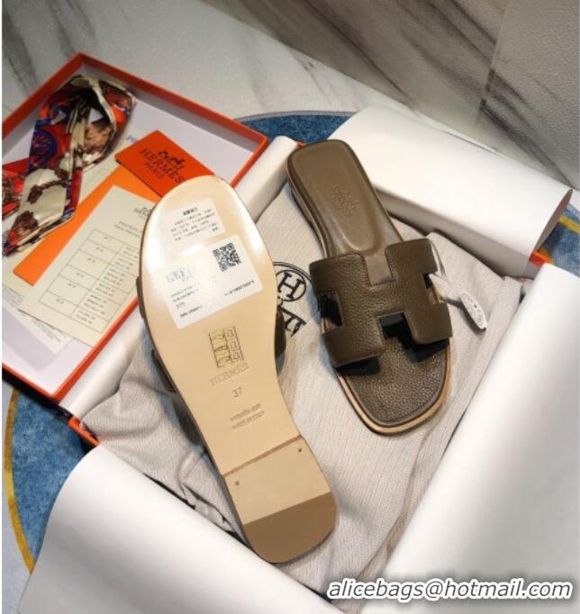 Top Grade Hermes Oran Classic Calfskin Flat Slide Sandal 070975 Grey