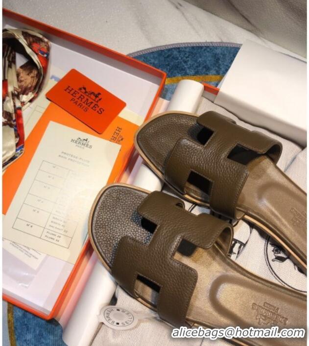 Top Grade Hermes Oran Classic Calfskin Flat Slide Sandal 070975 Grey