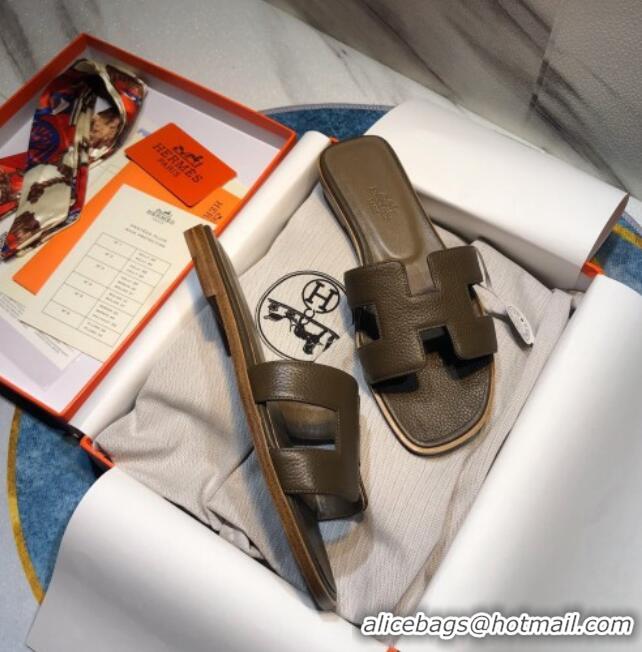 Top Grade Hermes Oran Classic Calfskin Flat Slide Sandal 070975 Grey