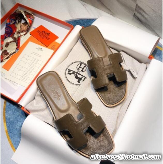 Top Grade Hermes Oran Classic Calfskin Flat Slide Sandal 070975 Grey