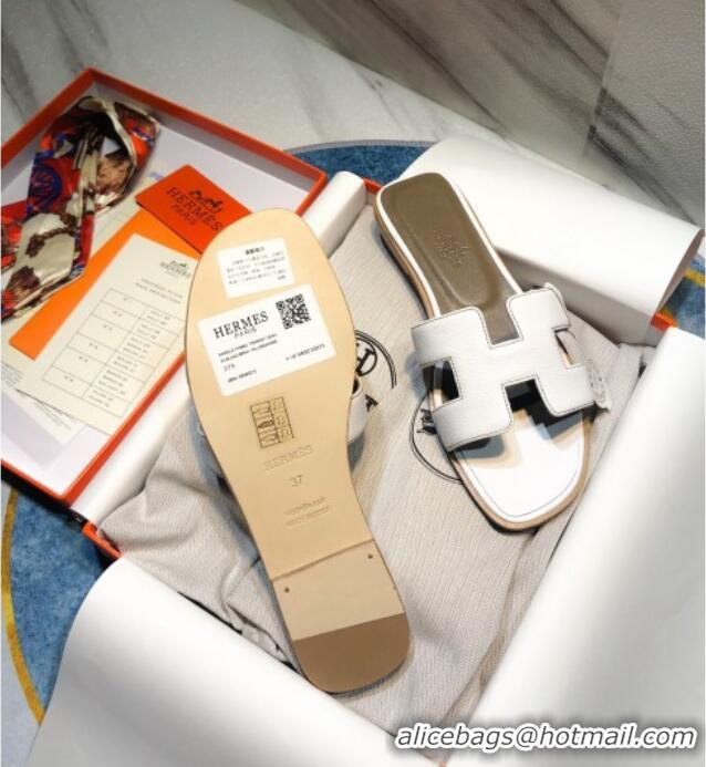 Most Popular Hermes Oran Classic Calfskin Flat Slide Sandal 070975 White