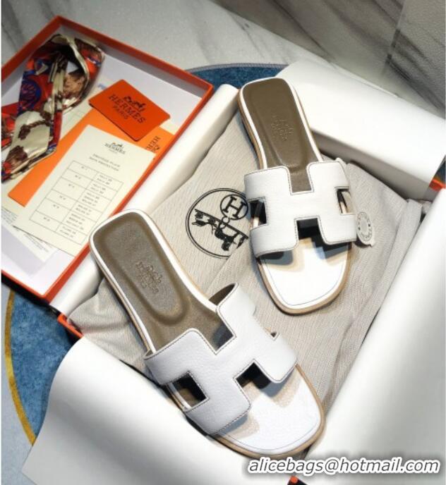 Most Popular Hermes Oran Classic Calfskin Flat Slide Sandal 070975 White