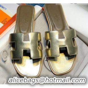 Unique Style Hermes Oran Classic Calfskin Flat Slide Sandal 070975 Gold