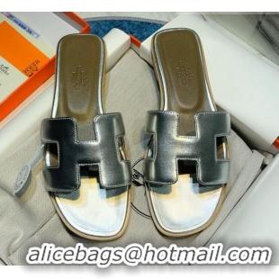 Good Looking Hermes Oran Classic Calfskin Flat Slide Sandal 070975 Silver