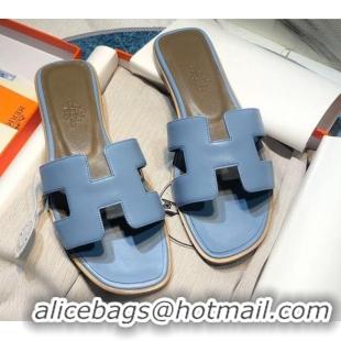 Super Quality Hermes Oran Classic Calfskin Flat Slide Sandal 070975 Blue