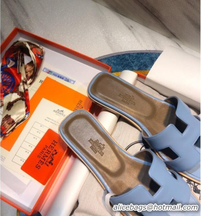 Super Quality Hermes Oran Classic Calfskin Flat Slide Sandal 070975 Blue